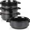 vicrays Ceramic Soup Bowls with Handles, 24 Oz Porcelain Soup Crocks for French Onion Soup, Cereal, Beef Stew, Chill, Pasta, Pot Pies, Microwave and Oven Safe, Set of 4 (Black)
