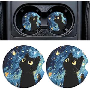 Car Cup Holder Ceramic Coasters 2 Pack, 2.56 in Anti Slip Absorbent Coaster with Cork Base and Finger Notch, Funny Cute Car Accessories Interior for Women, Black Cat
