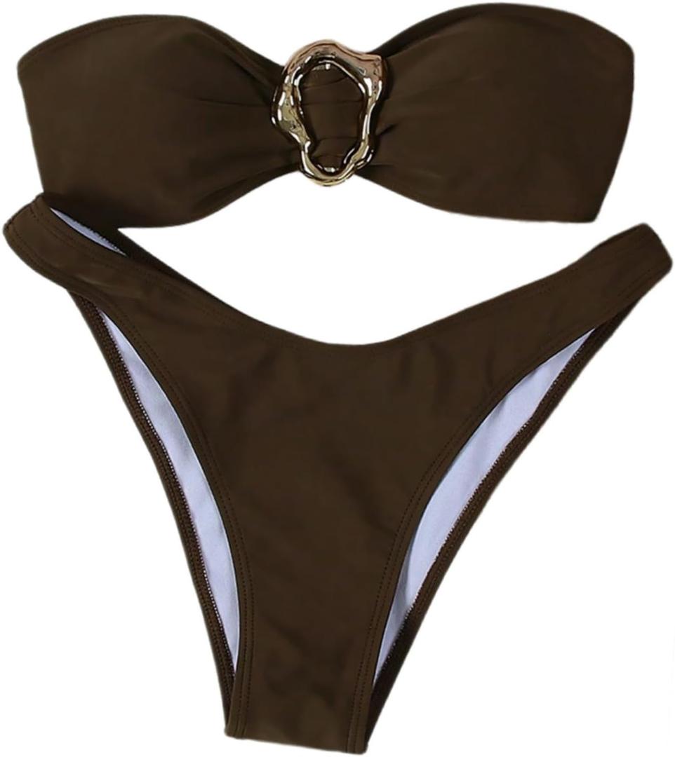 SHENHE Women's 2 Piece Strapless Swimsuits High Cut Metal Ring Tube Top Bandeau Bikini Set (Brown) XS