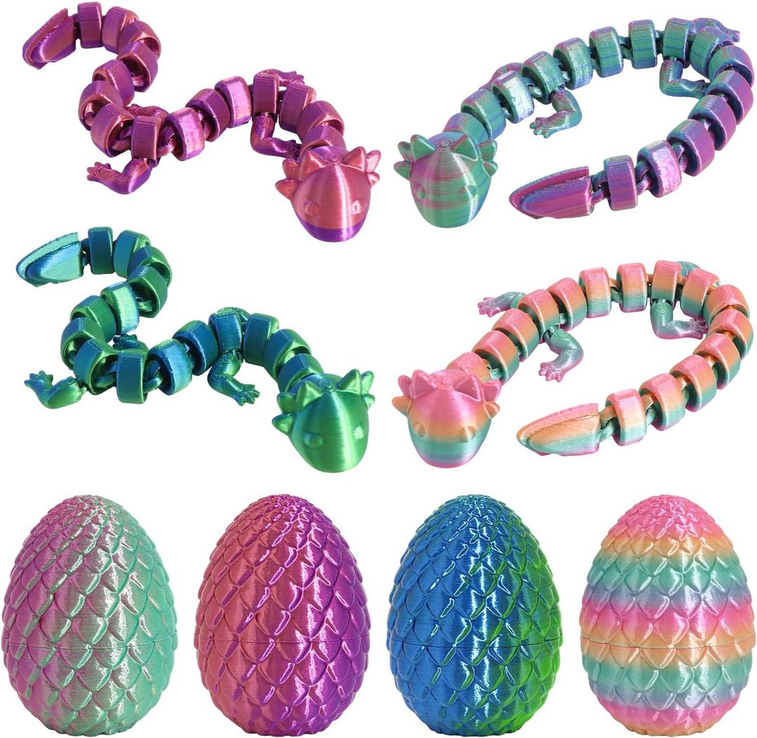 4PCS 3D Printed Animal Egg Set,Crystal Animals Egg Fidget Toy with Salamander Inside Easter Halloween for Kids (Salamander Multicolor+Rainbow) (Salamander Candy Multicolored)