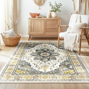 BESTSWEETIE 3x5 Area Rug Washable Rugs for Living Room, No Pile Boho Carpet for Entryway Bedroom Dinning Room, Vintage Carpet Print Distressed Non-Slip, 3 x 5 ft, Grey Brown