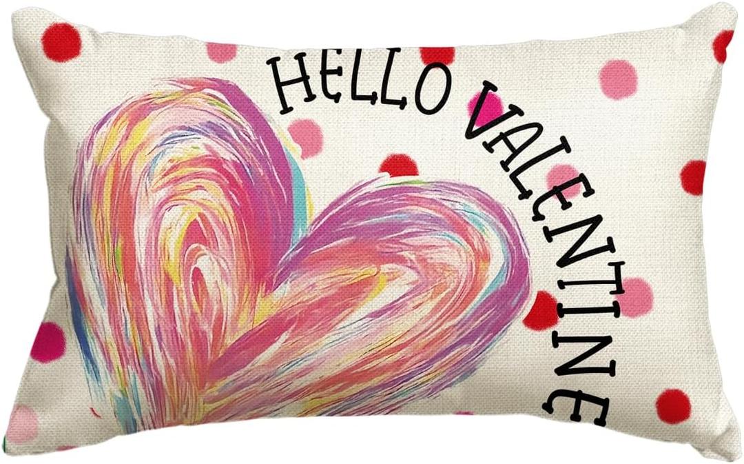 AVOIN colorlife Hello Valentine's Day Pink Heart Throw Pillow Cover, 12 x 20 Inch Polka Dots Love Anniversary Wedding Cushion Case Decoration for Sofa Couch