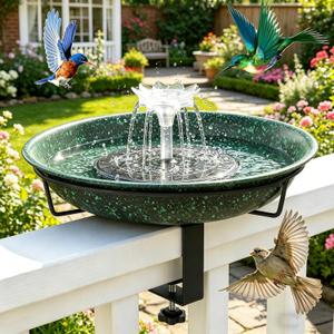 Deck Mounted Bird Bath with Fountain,Solar Railing Bird Bath Fountains for Hummingbirds,Adjustable Metal Durable Deck Bird Bath Holder for Outside Railings, Garden, Patio Deck