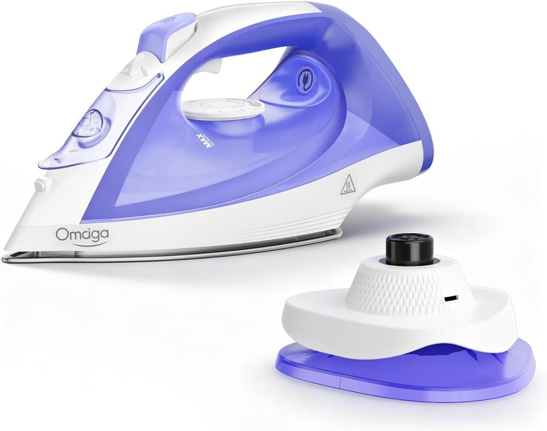 OMAIGA Cordless Iron for Clothes, 1550W 2-In-1 Cordless/Corded Steam Iron Rapid Heating, Ceramic Soleplate, 3-Way Auto-Off, Self-Cleaning, 12.85oz Water Tank Ironing Clothes for Home, Purple (Lavender)