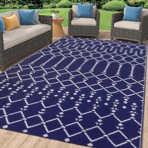 Smiry Outdoor Rug 6x9 ft, Waterproof Reversible Plastic Straw Rugs, Boho Outdoor Area Rug, Outside Floor Mat for Patio, Backyard, Deck, Picnic, Beach, Camping, Navy