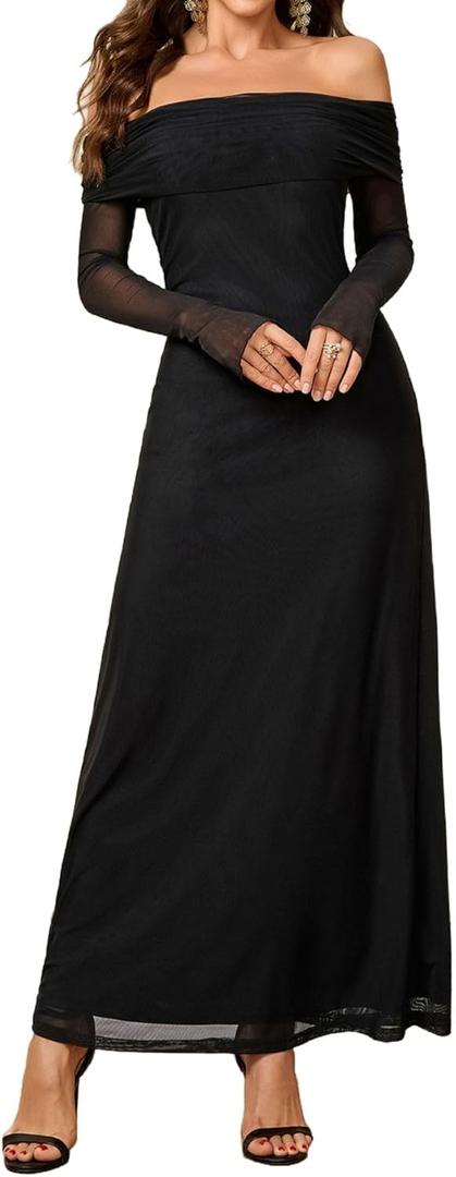 Colysmo Women Long Sleeve Mesh Off Shoulder Bodycon Maxi Dress Formal Wedding Guest Elegant Party Dresses (Large, Black)
