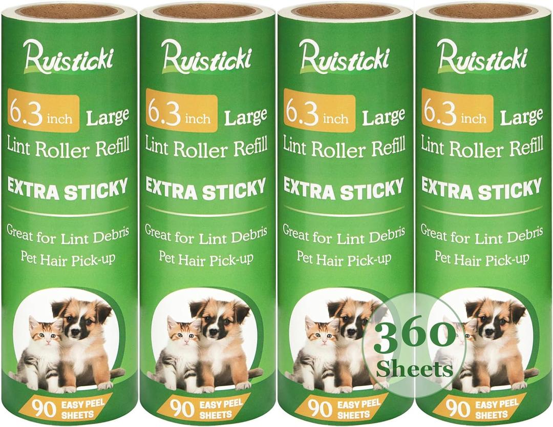6.3 inch Lint Roller Refills Only for 6.3'' Large Lint Rollers Extra Sticky Lint Pet Hair 6.3 inch Replacement Rolls, Pack of 4 Refills, 90 Sheets per Refill, 360 Sheets Total
