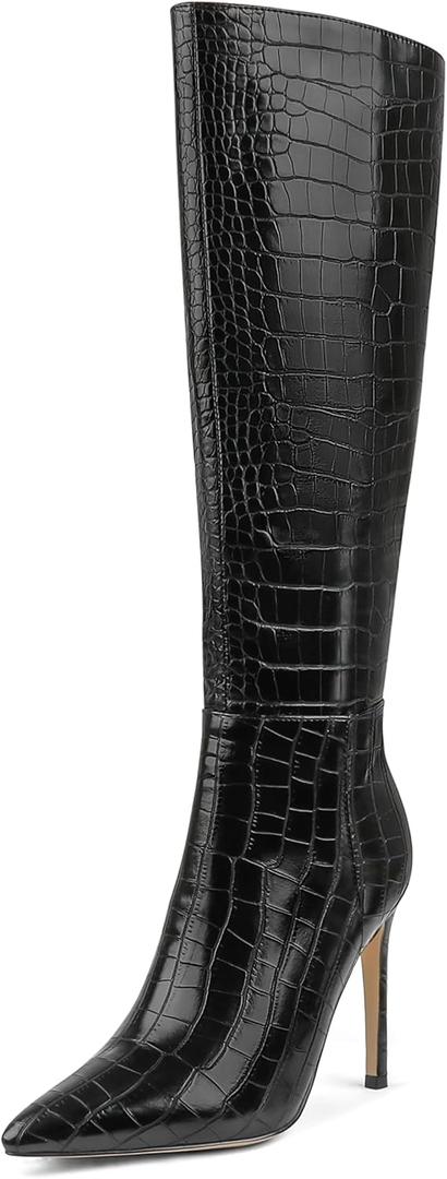 MERUMOTE Stiletto Knee High Boots Women Sexy Pointed Toe Zipper High Heels Boots (9.5, Black)