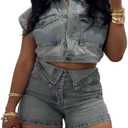 Molilove Women's Denim 2 Piece Outfits Button Down Crop Jacket and Shorts Set Summer Sexy Jeans Tracksuits, XXL