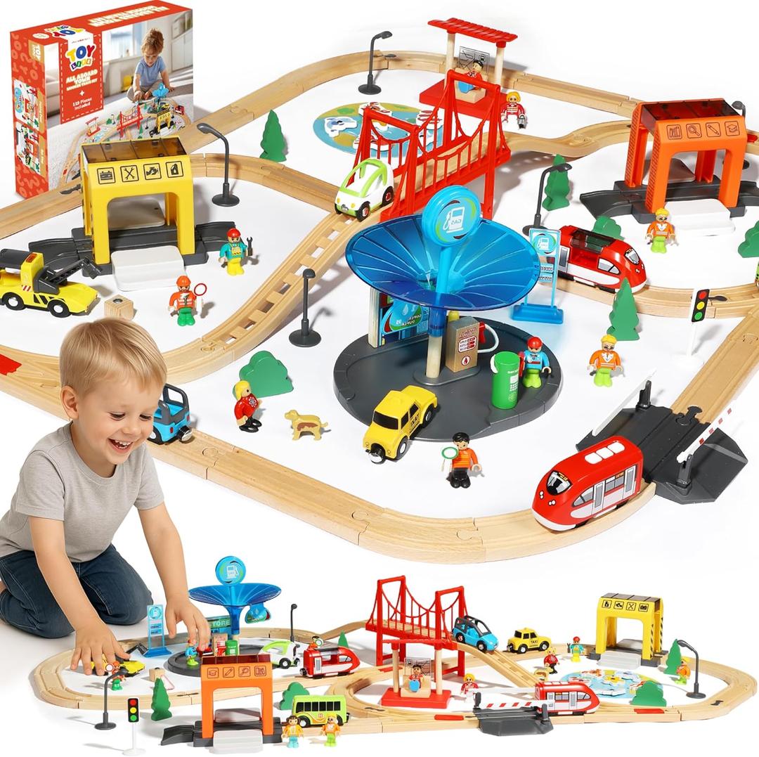 TOY Life Wooden Train Set for Toddlers 2-4, 119PCS City Train Toys with Wooden Train Track, Electric Train Set for Kids 4-8, Toddler Toys for 3 4 5 6 Year Old Boys Girls, Compatible with Major Brand