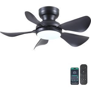 Kviflon 32 Inch Modern Ceiling Fans with Lights, Small Flush Mount Ceiling Fan with Light and Remote/APP Control, 5 Reversible 6 Speeds Curved Blades, 3 CCT Dimmable Lights for Bedroom, Black