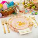 GATHER 175Pcs Easter Plastic Plates - Pink Plastic Dinnerware Set with Gold Bunny Includes 25 Dinner Plate and 25 Dessert Plate, 75 Silverware, 25 Cups, 25 Napkins for Easter Party