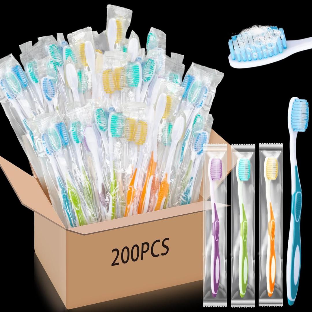 Maxcheck 200 Pack Colorful Prepasted Disposable Toothbrushes Bulk Individually Wrapped Toothbrushes with Toothpaste for Travel Hotel Donation Homeless Gift (Blue,Orange,Green,Purple)