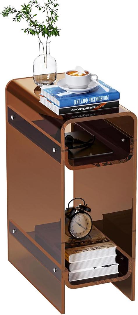 Dewrhiixe Clear Acrylic Side Table Narrow, Side Table for Small Spaces, Skinny Nightstand/ Bedside Table for Bedroom, Slim Small End Table, 8.7'' x 15.7'' x 21.7" (Dark Brown, 8.7'' x 15.7'' x 21.7")