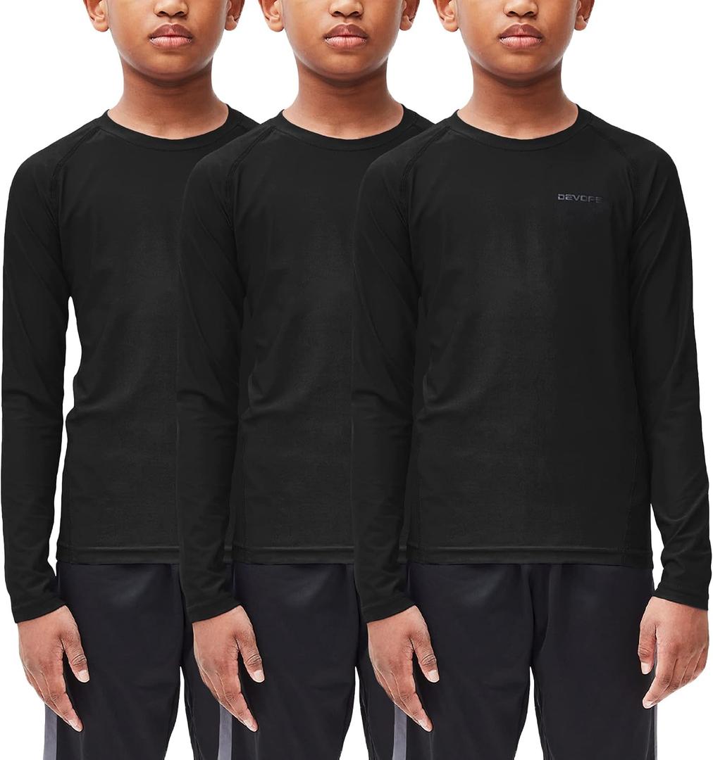 DEVOPS Youth Boys 3 Pack Compression Athletic Performance Baselayer Long Sleeve Shirts (Black, XL)