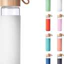 20 Oz Borosilicate Glass Water Bottles with Silicone Sleeve BPA Free, Dishwasher Safe - Reusable Clear Glass Drinking with Leak Proof Bamboo Lid | Perfect Gym Water Bottles for Men & Women (White)