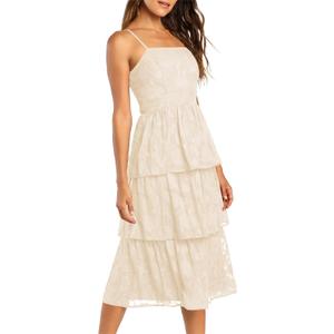 Ferlema Women Summer Dresses Sleeveless Smocked Midi Dress High Waist Tiered Flowy Elegant Floral Long Dress Beige X-Large