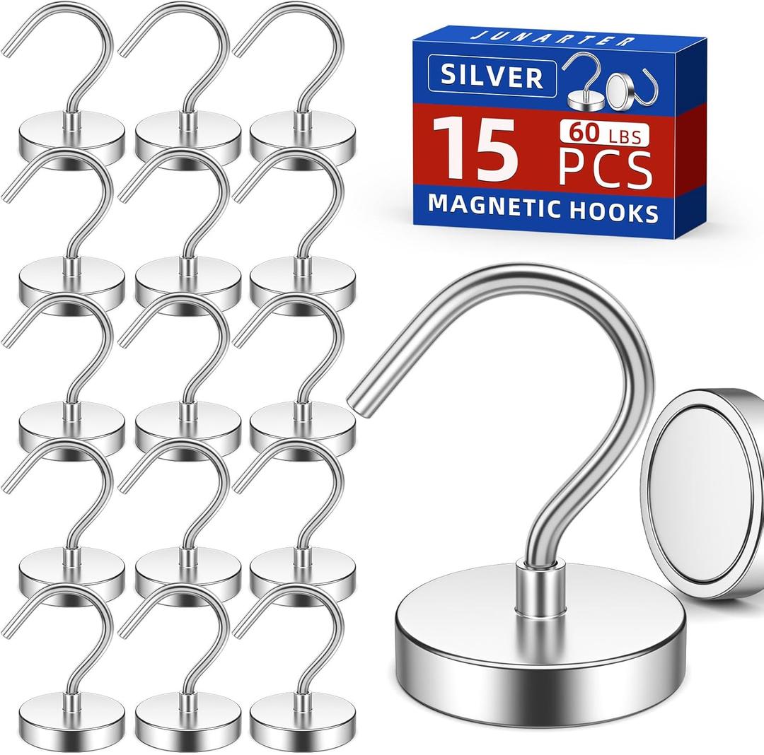 15 Pack Magnetic Hooks Large Opening, 60LBS Neodymium Magnet Hooks Heavy Duty, Strong Magnetic Hooks for Hanging, Magnet with Hooks for Cruise Cabins, Fridge, Classroom, Locker, Office