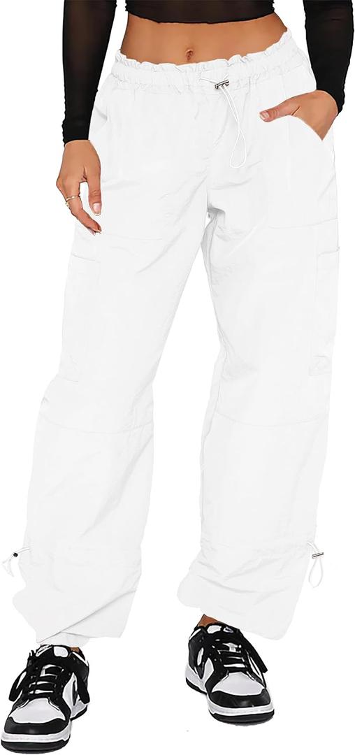 Waitfairy Cargo Pants Women Drawstring Elastic Waist Baggy Parachute Pants Woman Y2K Bottoms with Multiple Pockets White M