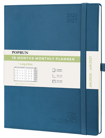 POPRUN 2026 Planner (Jan.-Dec.), Large-8.5" x 10.5", Horizontal Weekly Notebook, 12-Month Calendar Book with Monthly Tabs, Spiral Soft Cover, Inner Pocket, 100 GSM - Black