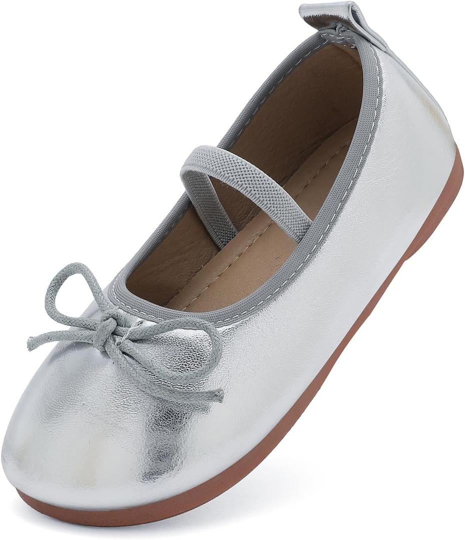 Toddler Girls Dress Shoes Mary Jane Flats School Uniform Oxfords Wedding Party Bow Flower Shoes Comfort Loafers (Silver), Size 31