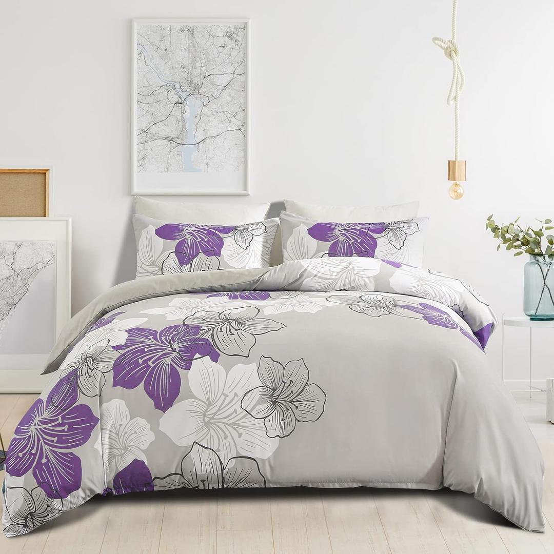 DJY 3 Pieces Duvet Cover Set King Purple Floral Pattern Comforter Cover Set Elegant Boho Lily Duvet Cover with 2 Pillow Cases Lightweight Microfiber Bedding Duvet Cover Set for All Season 90"x 104"