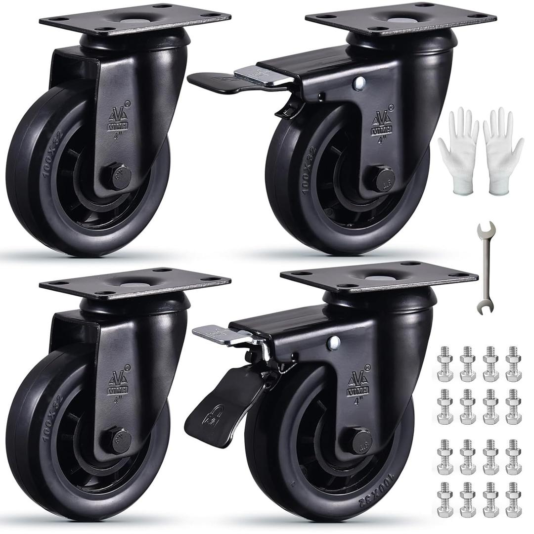 4 Inch Caster Wheels Set of 4 Black Elastic Rubber Wheel castors Industrial Silent Swivel Casters with Brake Perfect for Carts Furniture Workbenches 2200Lbs Load Capacity Includes Bolts and Nuts