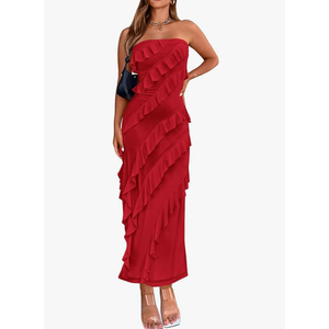 BTFBM Women Summer Elegant Strapless Midi Ruched Bodycon Dress Solid Color Stretch Mesh Slim Party Cocktail Dresses S