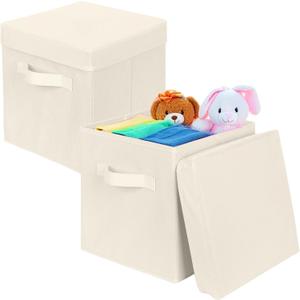 ShellKingdom Storage Bins, Foldable Fabric Storage Cubes with Lid, Clothes Storage Organizer Drawer For Closet Toys Storage, 10.5 X 10.5 X 11 INCH, 2 Pack (Beige)