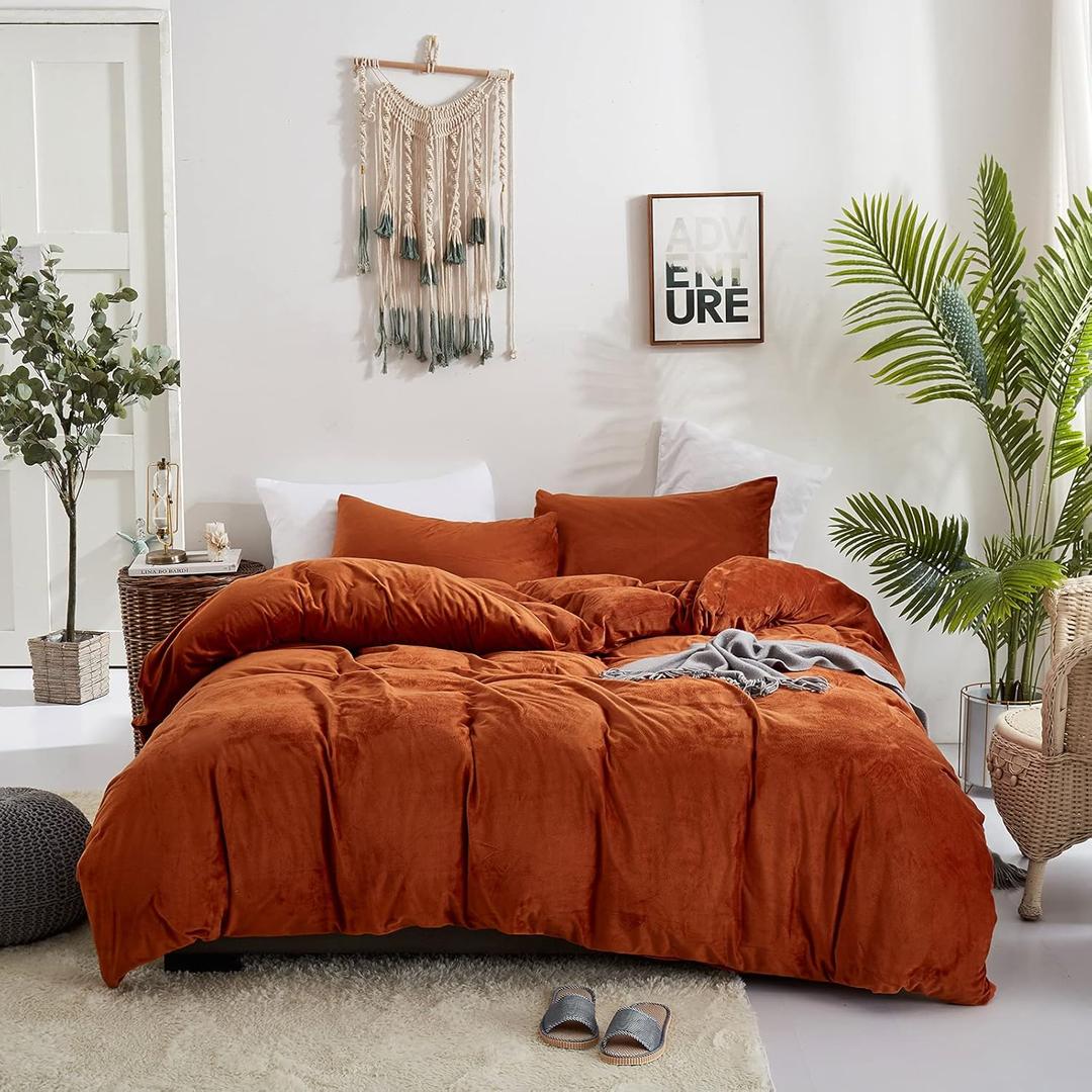 Houseri Burnt Orange Velvet Duvet Cover Queen - Rust Fluffy Bedding Set Full, Terracotta Comforter Cover, Cinnamon Flannel Fuzzy Bedding, Warm Caramel