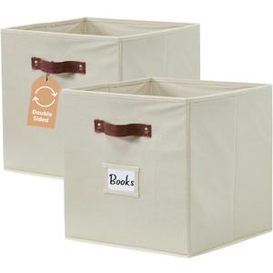 DECOMOMO Storage Bins, Cube Storage Bin with Labels, Fabric Storage Cubes for Shelves (10.5" x 11" / 2pcs, Beige)
