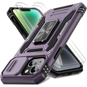 DEERLAMN Case for iPhone 13/iPhone 14 6.1-Inch with Slide Camera Cover+Screen Protector(2 Packs),Rotated Ring Kickstand Military Grade Shockproof Protective Cover-Deep Purple