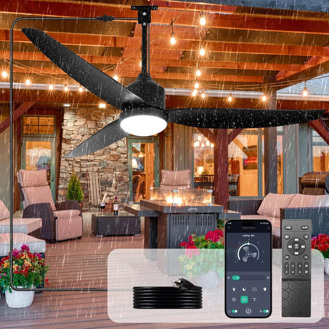 Depuley Outdoor Ceiling Fan with Light: 52-Inch Outside Waterproof Plug-in Ceiling Fans with Lights and Remote Control - 3-Blade Hanging Gazebo Outdoor Fans for Patios 6 Speeds Reversible - Black