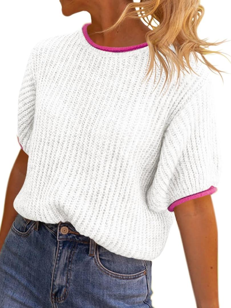 Saodimallsu Womens Puff Short Sleeve Sweater Tops Spring Summer Color Block Ribbed Knit Crew Neck Going Out Shirts (L)