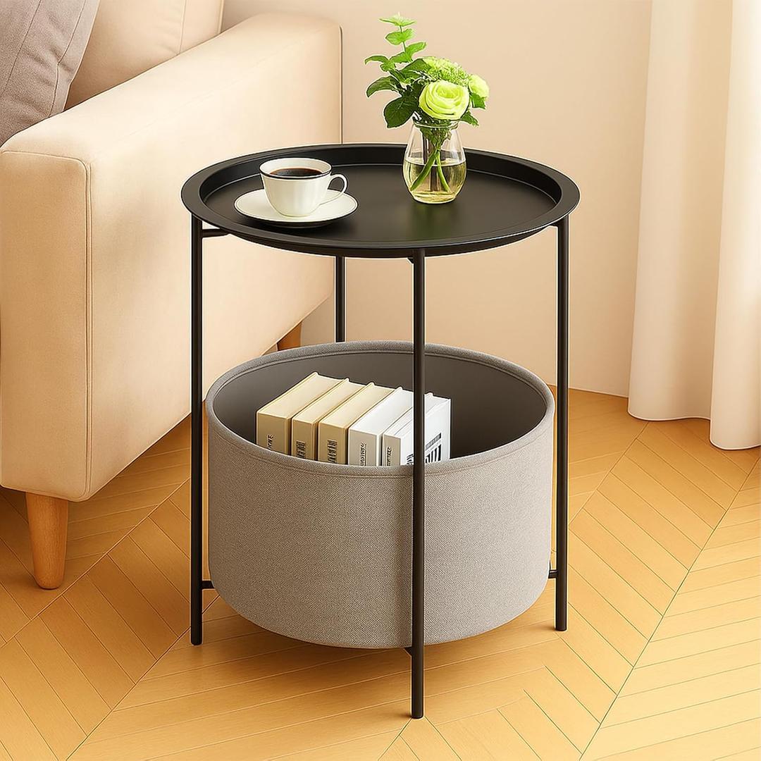 ShellKingdom End Table, Small Round Side Table with Fabric Basket, Metal Night Stand with Removable Tray for Living Room, Bedroom, Nursery, Laundry (Black), 18.5 x 18.5 x 19.9 inches