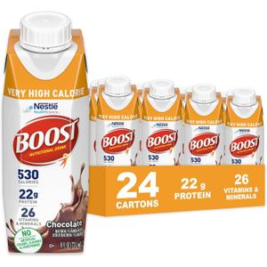 BOOST Very High Calorie Nutritional Drink Helps Weight Gain & Maintenance - 530 Calories - 26 Vitamins & Minerals - 22 g Protein - Calorie-Dense Nutritional Drink - Chocolate - 8 fl oz (Pack of 24) (EXP 07/03/26)