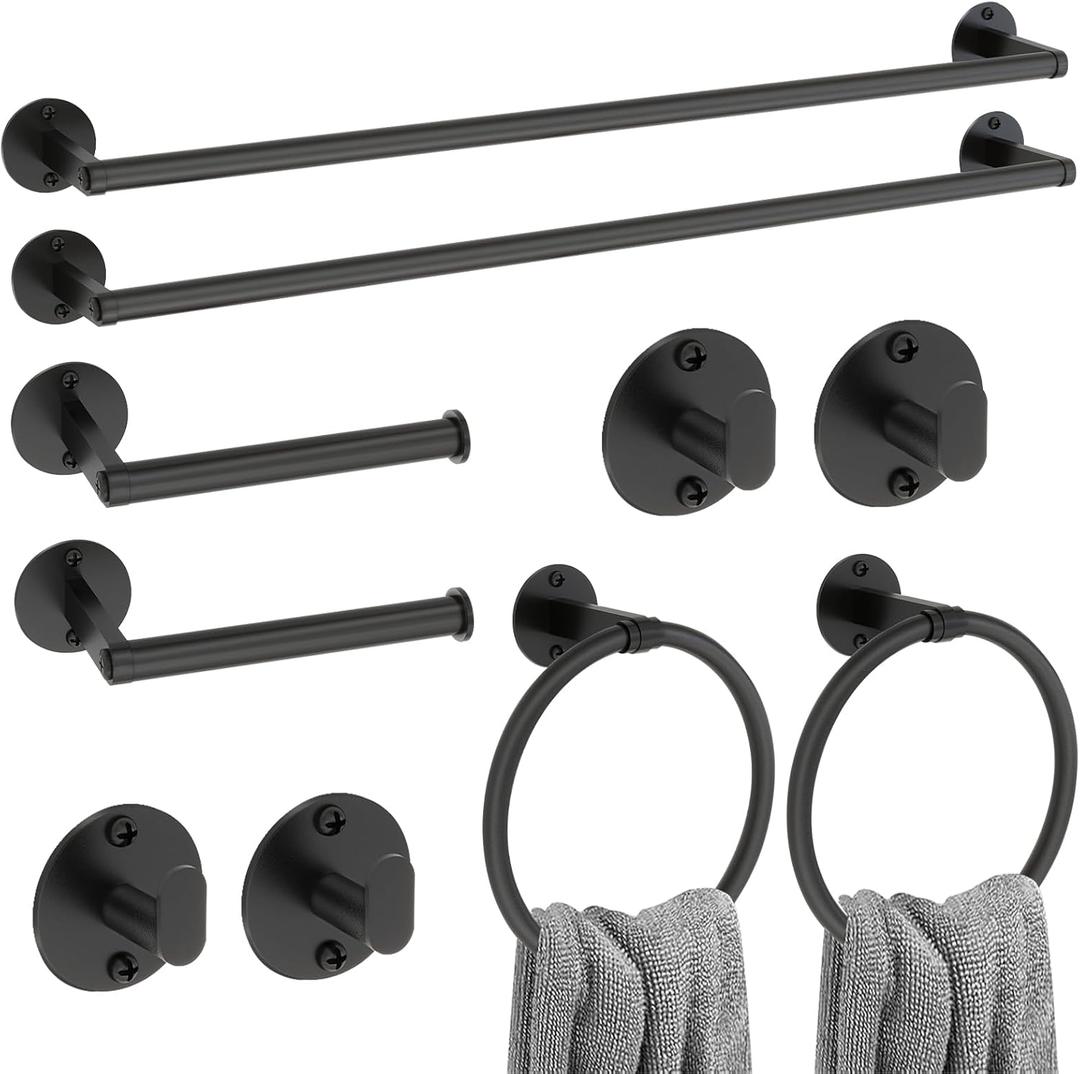 Matte Black Bathroom Accessories Set, 10 Pieces Bathroom Hardware Set, 24 Inch Stainless Steel Bath Towel Bar Set, Towel Racks for Bathroom, Robe Towel Hooks, Toilet Paper Holder Wall Mounted