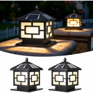 2 Pack Solar Post Lights Outdoor, IP65 Waterproof Black Outside Column Lamps 9.8" Cast Aluminum Pillar Lights with Glass Dusk to Dawn LED Post Cap Lights for Patio Garage Yard Garden Driveway