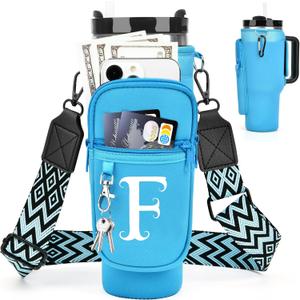 Water Bottle Holder with Strap for Stanley Cup 40 oz Tumbler with Handle, Personalized Initial Gift, Water Bottle Carrier Bag with Phone Pocket & Carabiner for Stanley Cup Accessories Blue F