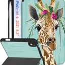 for iPad Mini 7 Case - for iPad Mini 6th/7th Generation Cases Women Girls Cute Folio Cover Girly Giraffe Design Unique Pencil Holder for Apple Mini 6 2021/Mini 7 A17 Pro 2024 Case 8.3 Inch