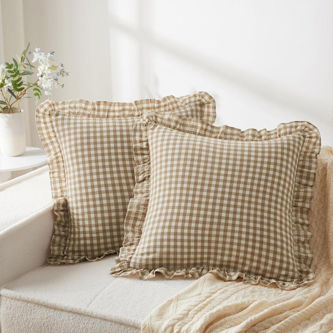KKJIAF Ruffle Gingham Pillow Covers 20 x 20 Inches, Cotton Gingham Pillow Cases Set of 2, Linen Feel Ruffled Plaid Pillow Shams with Envelope Closure for Sofa Bed (Taupe/White Plaid)