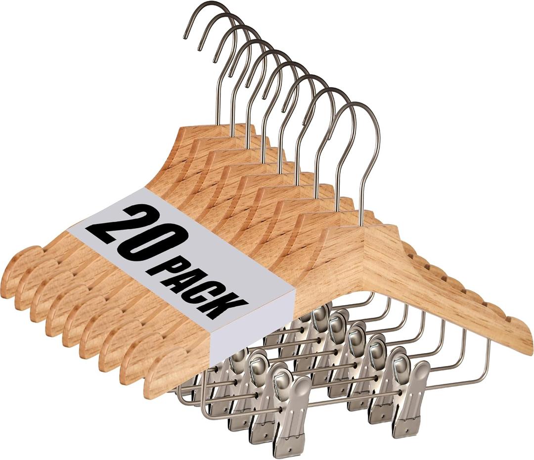 Natural 12.7" Ultra-Thin Wooden Children Closet Clothes Clips Hangers 20PCS Wood Baby Kids Coat Hangers for Infant Toddler Newborn Jumpsuit Pants Skirts Jeans Space Saving Heavy Duty Durable