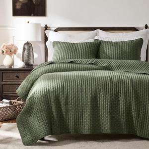 WDCOZY Olive Green Cross Stitch King Size Quilt Set, Striped Lightweight Soft Bedspread, Channel Farmhouse Rustic Coverlet, All Season Country Bedding, Thin Comforter (King(104"x90"))