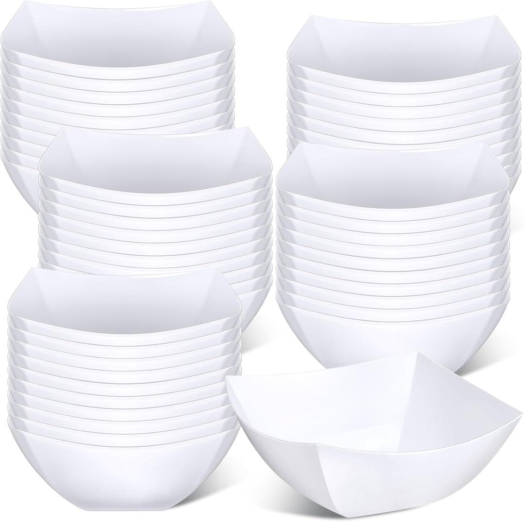 Tanlade 50 Pcs White Serving Bowls 16 oz Square Plastic Bowls Disposable Snack Salad Dishes Small Party Candy Bar Containers Taco Bar Serving Dishes for Buffet Chips Fruit