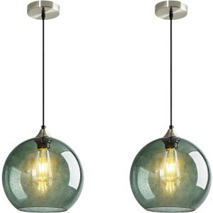 Modern 2-Pack Glass Globe Pendant Lights, Gray Green Modern Pendant Lighting for Kitchen Island, Glass Hanging Lamps for Dining Room Living Room Bedroom, Large 9.85 Inch Fixture (Bulbs Not Included)