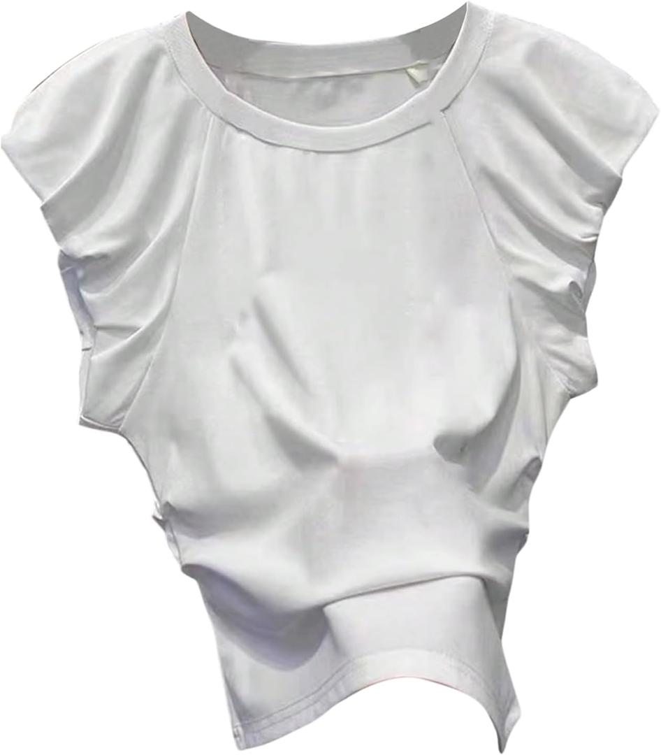 GORGLITTER Women's Puff Sleeve Ruched Tee Shirt Cap Sleeve Crewneck Slim Coquette Tops (White, S)