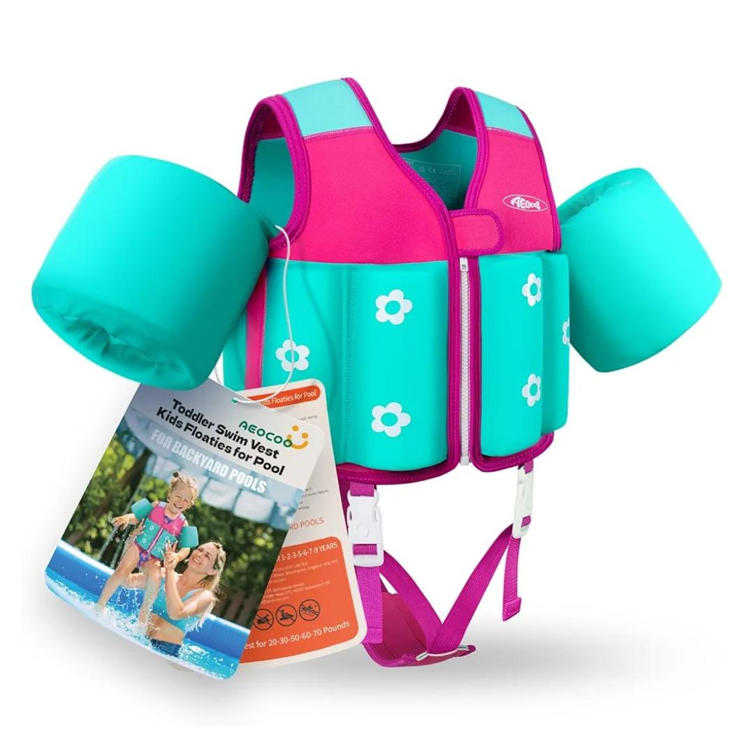Kids Pool Floaties 1-2-3-5-7-9 Years Old, Toddler Swim Vest 20-30-50-70 Pounds, Comfortable Extended Wear Kids Float Jacket with Crotch Strap, Bright & Colorful Design and Unpadded Sides for Comfort, L