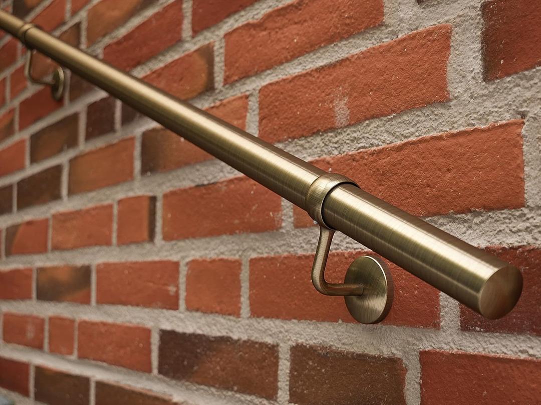 ROTHLEY Metal Stair Railing Handrail: 11.8FT Stainless Steel Hand Railings for Stairs Outdoor Indoor Wall Mount Stair Handrail Complete Kit 1.6" Round Hand Rail for Elderly & Kids (Antique Brass)