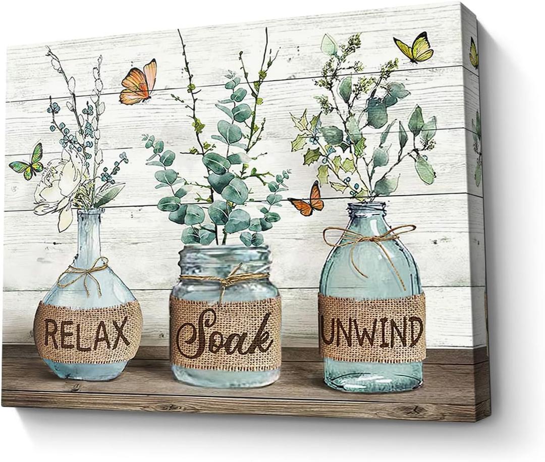 Parylore Farmhouse Bathroom Decor Wall Art Green Leaves Botanical Picture Relax Soak Unwind Bathroom Sign Painting Framed Modern Artwork For Living Room Bedroom Bathroom Office Home Decor 12x16 In