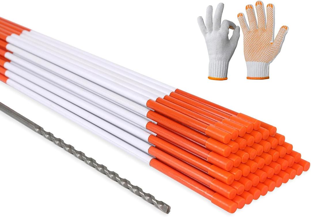 NANOPRETTY 50 PCS Driveway Markers with 10.2" Reflective Tape 48 Inch Solid Fiberglass Snow Stakes for Snow Plowing with Steel Drill Bit and Protection Gloves 5/16 Inch